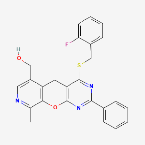 molecular formula C25H20FN3O2S B2759619 (7-{[(2-Fluorophenyl)methyl]sulfanyl}-14-methyl-5-phenyl-2-oxa-4,6,13-triazatricyclo[8.4.0.0^{3,8}]tetradeca-1(10),3(8),4,6,11,13-hexaen-11-yl)methanol CAS No. 892416-41-0
