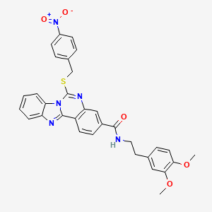 molecular formula C32H27N5O5S B2759644 N-[2-(3,4-dimethoxyphenyl)ethyl]-9-{[(4-nitrophenyl)methyl]sulfanyl}-8,10,17-triazatetracyclo[8.7.0.0^{2,7}.0^{11,16}]heptadeca-1(17),2,4,6,8,11(16),12,14-octaene-5-carboxamide CAS No. 443670-94-8