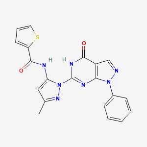molecular formula C20H15N7O2S B2759672 N-(3-methyl-1-(4-oxo-1-phenyl-4,5-dihydro-1H-pyrazolo[3,4-d]pyrimidin-6-yl)-1H-pyrazol-5-yl)thiophene-2-carboxamide CAS No. 1019098-20-4