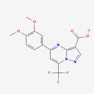 molecular formula C16H12F3N3O4 B2759728 5-(3,4-Dimethoxyphenyl)-7-(trifluoromethyl)pyrazolo[1,5-a]pyrimidine-3-carboxylic acid CAS No. 333761-27-6