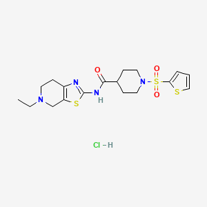 molecular formula C18H25ClN4O3S3 B2759823 N-(5-ethyl-4,5,6,7-tetrahydrothiazolo[5,4-c]pyridin-2-yl)-1-(thiophen-2-ylsulfonyl)piperidine-4-carboxamide hydrochloride CAS No. 1329891-24-8