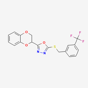 molecular formula C18H13F3N2O3S B2759920 2-(2,3-Dihydrobenzo[b][1,4]dioxin-2-yl)-5-((3-(trifluoromethyl)benzyl)thio)-1,3,4-oxadiazole CAS No. 1171537-47-5