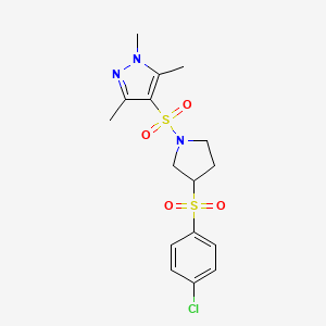 molecular formula C16H20ClN3O4S2 B2759924 4-((3-((4-chlorophenyl)sulfonyl)pyrrolidin-1-yl)sulfonyl)-1,3,5-trimethyl-1H-pyrazole CAS No. 1448045-28-0