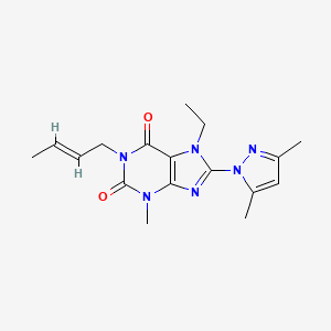 molecular formula C17H22N6O2 B2760004 1-((2E)but-2-enyl)-8-(3,5-dimethylpyrazolyl)-7-ethyl-3-methyl-1,3,7-trihydropu rine-2,6-dione CAS No. 1013875-23-4