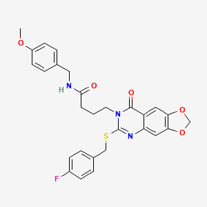 molecular formula C28H26FN3O5S B2760009 4-[6-[(4-fluorophenyl)methylsulfanyl]-8-oxo-[1,3]dioxolo[4,5-g]quinazolin-7-yl]-N-[(4-methoxyphenyl)methyl]butanamide CAS No. 688059-93-0