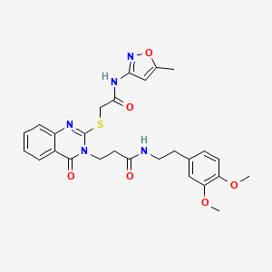 molecular formula C27H29N5O6S B2760180 N-[2-(3,4-dimethoxyphenyl)ethyl]-3-[2-({[(5-methyl-1,2-oxazol-3-yl)carbamoyl]methyl}sulfanyl)-4-oxo-3,4-dihydroquinazolin-3-yl]propanamide CAS No. 422286-93-9