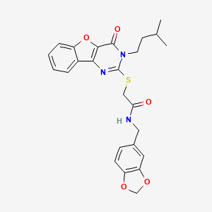 molecular formula C25H25N3O5S B2760350 N-(1,3-benzodioxol-5-ylmethyl)-2-{[3-(3-methylbutyl)-4-oxo-3,4-dihydro[1]benzofuro[3,2-d]pyrimidin-2-yl]sulfanyl}acetamide CAS No. 899961-34-3