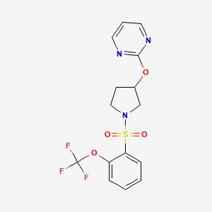 molecular formula C15H14F3N3O4S B2760606 2-((1-((2-(Trifluoromethoxy)phenyl)sulfonyl)pyrrolidin-3-yl)oxy)pyrimidine CAS No. 2034474-52-5