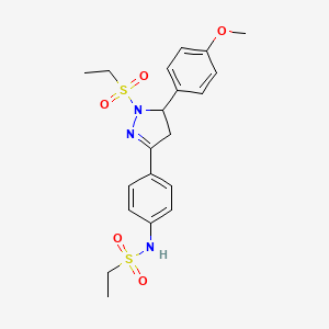 molecular formula C20H25N3O5S2 B2760716 N-{4-[1-(ethanesulfonyl)-5-(4-methoxyphenyl)-4,5-dihydro-1H-pyrazol-3-yl]phenyl}ethane-1-sulfonamide CAS No. 851781-51-6