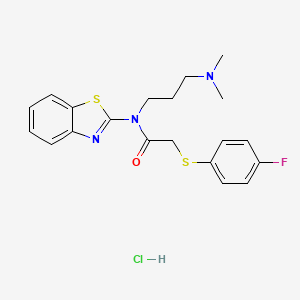 molecular formula C20H23ClFN3OS2 B2760816 N-(1,3-BENZOTHIAZOL-2-YL)-N-[3-(DIMETHYLAMINO)PROPYL]-2-[(4-FLUOROPHENYL)SULFANYL]ACETAMIDE HYDROCHLORIDE CAS No. 1216578-00-5