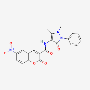 molecular formula C21H16N4O6 B2760988 N-(1,5-dimethyl-3-oxo-2-phenyl-2,3-dihydro-1H-pyrazol-4-yl)-6-nitro-2-oxo-2H-chromene-3-carboxamide CAS No. 117665-37-9