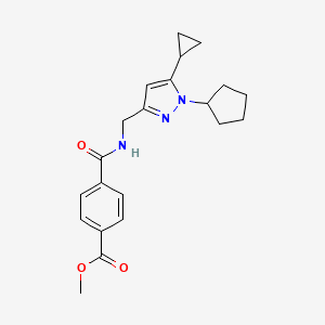 molecular formula C21H25N3O3 B2761071 methyl 4-(((1-cyclopentyl-5-cyclopropyl-1H-pyrazol-3-yl)methyl)carbamoyl)benzoate CAS No. 1448135-50-9