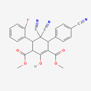 molecular formula C25H18FN3O5 B2761232 Dimethyl 5,5-dicyano-6-(4-cyanophenyl)-4-(2-fluorophenyl)-2-hydroxy-1-cyclohexene-1,3-dicarboxylate CAS No. 1212097-79-4