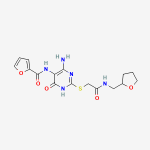molecular formula C16H19N5O5S B2761268 N-(4-amino-6-oxo-2-((2-oxo-2-(((tetrahydrofuran-2-yl)methyl)amino)ethyl)thio)-1,6-dihydropyrimidin-5-yl)furan-2-carboxamide CAS No. 868226-45-3