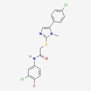 molecular formula C18H14Cl2FN3OS B2761292 N-(3-chloro-4-fluorophenyl)-2-((5-(4-chlorophenyl)-1-methyl-1H-imidazol-2-yl)thio)acetamide CAS No. 946380-74-1