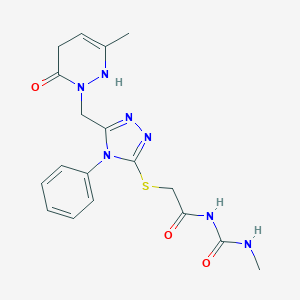 molecular formula C18H21N7O3S B276144 N-methyl-N'-[({5-[(3-methyl-6-oxo-5,6-dihydro-1(2H)-pyridazinyl)methyl]-4-phenyl-4H-1,2,4-triazol-3-yl}sulfanyl)acetyl]urea 