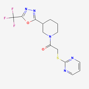 molecular formula C14H14F3N5O2S B2761750 2-(Pyrimidin-2-ylthio)-1-(3-(5-(trifluoromethyl)-1,3,4-oxadiazol-2-yl)piperidin-1-yl)ethanone CAS No. 1396680-59-3