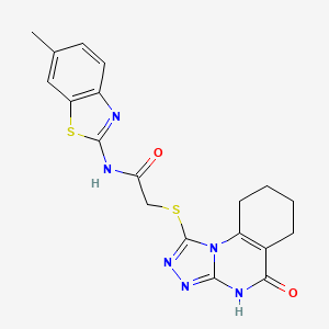 molecular formula C19H18N6O2S2 B2762121 N-(6-methyl-1,3-benzothiazol-2-yl)-2-({5-oxo-4H,5H,6H,7H,8H,9H-[1,2,4]triazolo[4,3-a]quinazolin-1-yl}sulfanyl)acetamide CAS No. 922081-03-6