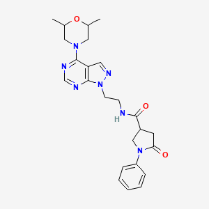 molecular formula C24H29N7O3 B2762153 N-(2-(4-(2,6-dimethylmorpholino)-1H-pyrazolo[3,4-d]pyrimidin-1-yl)ethyl)-5-oxo-1-phenylpyrrolidine-3-carboxamide CAS No. 1212385-77-7
