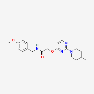 molecular formula C21H28N4O3 B2762336 N-(4-methoxybenzyl)-2-{[6-methyl-2-(4-methylpiperidin-1-yl)pyrimidin-4-yl]oxy}acetamide CAS No. 1029763-76-5