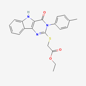 molecular formula C21H19N3O3S B2762383 ethyl 2-{[3-(4-methylphenyl)-4-oxo-3H,4H,5H-pyrimido[5,4-b]indol-2-yl]sulfanyl}acetate CAS No. 536705-12-1
