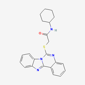 molecular formula C22H22N4OS B2762488 N-cyclohexyl-2-{8,10,17-triazatetracyclo[8.7.0.0^{2,7}.0^{11,16}]heptadeca-1(17),2,4,6,8,11(16),12,14-octaen-9-ylsulfanyl}acetamide CAS No. 801260-66-2
