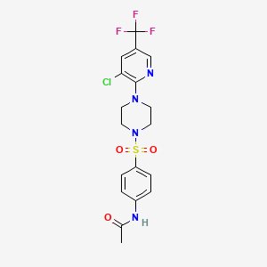 molecular formula C18H18ClF3N4O3S B2762643 N-(4-((4-(3-Chloro-5-(trifluoromethyl)-2-pyridyl)piperazinyl)sulfonyl)phenyl)ethanamide CAS No. 260368-20-5