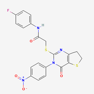 molecular formula C20H15FN4O4S2 B2762705 N-(4-fluorophenyl)-2-((3-(4-nitrophenyl)-4-oxo-3,4,6,7-tetrahydrothieno[3,2-d]pyrimidin-2-yl)thio)acetamide CAS No. 687568-09-8