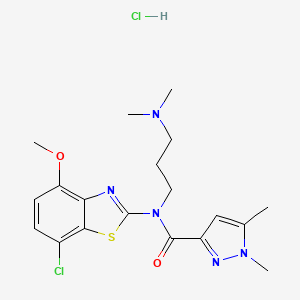 molecular formula C19H25Cl2N5O2S B2762736 N-(7-chloro-4-methoxy-1,3-benzothiazol-2-yl)-N-[3-(dimethylamino)propyl]-1,5-dimethyl-1H-pyrazole-3-carboxamide hydrochloride CAS No. 1215455-76-7