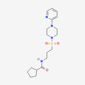 molecular formula C18H28N4O3S B2762843 N-(3-((4-(pyridin-2-yl)piperazin-1-yl)sulfonyl)propyl)cyclopentanecarboxamide CAS No. 1021221-27-1