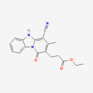 molecular formula C18H17N3O3 B2762926 Ethyl 3-(4-cyano-1-hydroxy-3-methylpyrido[1,2-a]benzimidazol-2-yl)propanoate 