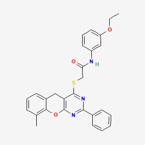 molecular formula C28H25N3O3S B2762957 N-(3-Ethoxyphenyl)-2-({9-methyl-2-phenyl-5H-chromeno[2,3-D]pyrimidin-4-YL}sulfanyl)acetamide CAS No. 872208-97-4