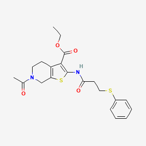 molecular formula C21H24N2O4S2 B2763124 Ethyl 6-acetyl-2-(3-(phenylthio)propanamido)-4,5,6,7-tetrahydrothieno[2,3-c]pyridine-3-carboxylate CAS No. 920450-49-3