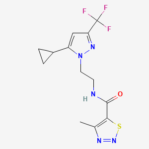 molecular formula C13H14F3N5OS B2763244 N-(2-(5-cyclopropyl-3-(trifluoromethyl)-1H-pyrazol-1-yl)ethyl)-4-methyl-1,2,3-thiadiazole-5-carboxamide CAS No. 1797236-33-9