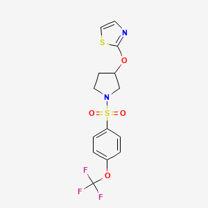 molecular formula C14H13F3N2O4S2 B2763430 2-({1-[4-(trifluoromethoxy)benzenesulfonyl]pyrrolidin-3-yl}oxy)-1,3-thiazole CAS No. 2200935-31-3