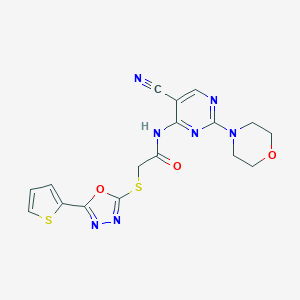 molecular formula C17H15N7O3S2 B276357 N-[5-cyano-2-(4-morpholinyl)-4-pyrimidinyl]-2-{[5-(2-thienyl)-1,3,4-oxadiazol-2-yl]sulfanyl}acetamide 