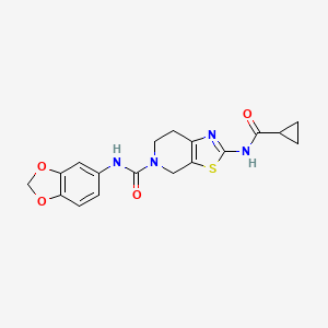 molecular formula C18H18N4O4S B2763683 N-(2H-1,3-benzodioxol-5-yl)-2-cyclopropaneamido-4H,5H,6H,7H-[1,3]thiazolo[5,4-c]pyridine-5-carboxamide CAS No. 1351618-08-0