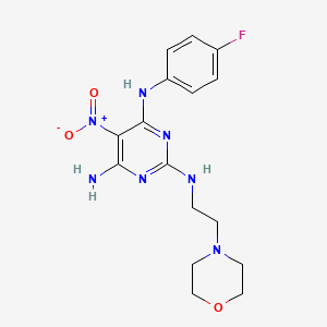molecular formula C16H20FN7O3 B2763696 N4-(4-FLUOROPHENYL)-N2-[2-(MORPHOLIN-4-YL)ETHYL]-5-NITROPYRIMIDINE-2,4,6-TRIAMINE CAS No. 674332-62-8