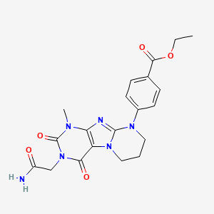 molecular formula C20H22N6O5 B2763725 ethyl 4-[3-(carbamoylmethyl)-1-methyl-2,4-dioxo-1H,2H,3H,4H,6H,7H,8H,9H-pyrimido[1,2-g]purin-9-yl]benzoate CAS No. 893956-65-5