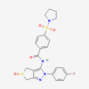 molecular formula C22H21FN4O4S2 B2763810 N-[2-(4-fluorophenyl)-5-oxo-2H,4H,6H-5lambda4-thieno[3,4-c]pyrazol-3-yl]-4-(pyrrolidine-1-sulfonyl)benzamide CAS No. 958717-49-2