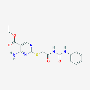 molecular formula C16H17N5O4S B276384 Ethyl 4-amino-2-({2-[(anilinocarbonyl)amino]-2-oxoethyl}sulfanyl)-5-pyrimidinecarboxylate 