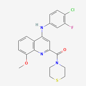 molecular formula C21H19ClFN3O2S B2764036 N-(4-chloro-3-fluorophenyl)-8-methoxy-2-(thiomorpholine-4-carbonyl)quinolin-4-amine CAS No. 1251565-49-7