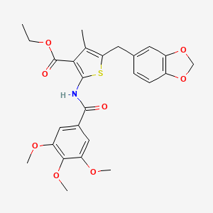 molecular formula C26H27NO8S B2764082 ethyl 5-[(2H-1,3-benzodioxol-5-yl)methyl]-4-methyl-2-(3,4,5-trimethoxybenzamido)thiophene-3-carboxylate CAS No. 476365-59-0