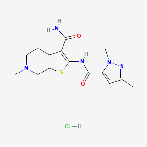 molecular formula C15H20ClN5O2S B2764085 2-(1,3-dimethyl-1H-pyrazole-5-carboxamido)-6-methyl-4,5,6,7-tetrahydrothieno[2,3-c]pyridine-3-carboxamide hydrochloride CAS No. 1216429-77-4