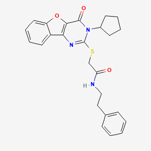 molecular formula C25H25N3O3S B2764106 2-[(3-cyclopentyl-4-oxo-3,4-dihydro[1]benzofuro[3,2-d]pyrimidin-2-yl)sulfanyl]-N-(2-phenylethyl)acetamide CAS No. 899962-46-0