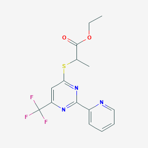 molecular formula C15H14F3N3O2S B2764277 Ethyl 2-{[2-(2-pyridinyl)-6-(trifluoromethyl)-4-pyrimidinyl]sulfanyl}propanoate CAS No. 338754-11-3