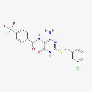 molecular formula C19H14ClF3N4O2S B2764414 N-(4-amino-2-((3-chlorobenzyl)thio)-6-oxo-1,6-dihydropyrimidin-5-yl)-4-(trifluoromethyl)benzamide CAS No. 888443-08-1