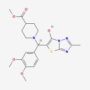 molecular formula C21H26N4O5S B2764800 Methyl 1-((3,4-dimethoxyphenyl)(6-hydroxy-2-methylthiazolo[3,2-b][1,2,4]triazol-5-yl)methyl)piperidine-4-carboxylate CAS No. 851809-86-4