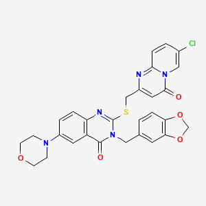 3-(1,3-Benzodioxol-5-ylmethyl)-2-[(7-chloro-4-oxopyrido[1,2-a]pyrimidin-2-yl)methylsulfanyl]-6-morpholin-4-ylquinazolin-4-one