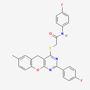 molecular formula C26H19F2N3O2S B2764950 N-(4-fluorophenyl)-2-{[2-(4-fluorophenyl)-7-methyl-5H-chromeno[2,3-d]pyrimidin-4-yl]sulfanyl}acetamide CAS No. 866729-87-5